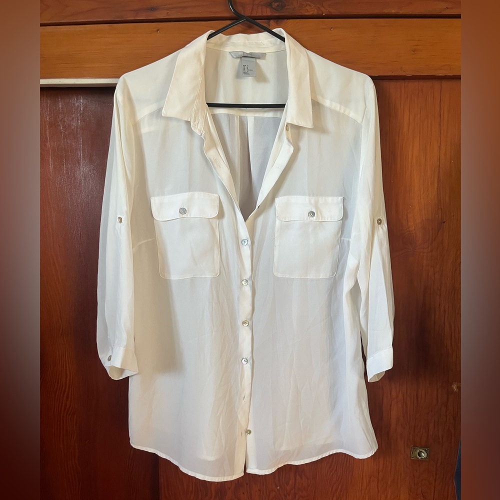 H&M Ivory Sheer Blouse with Shell Buttons